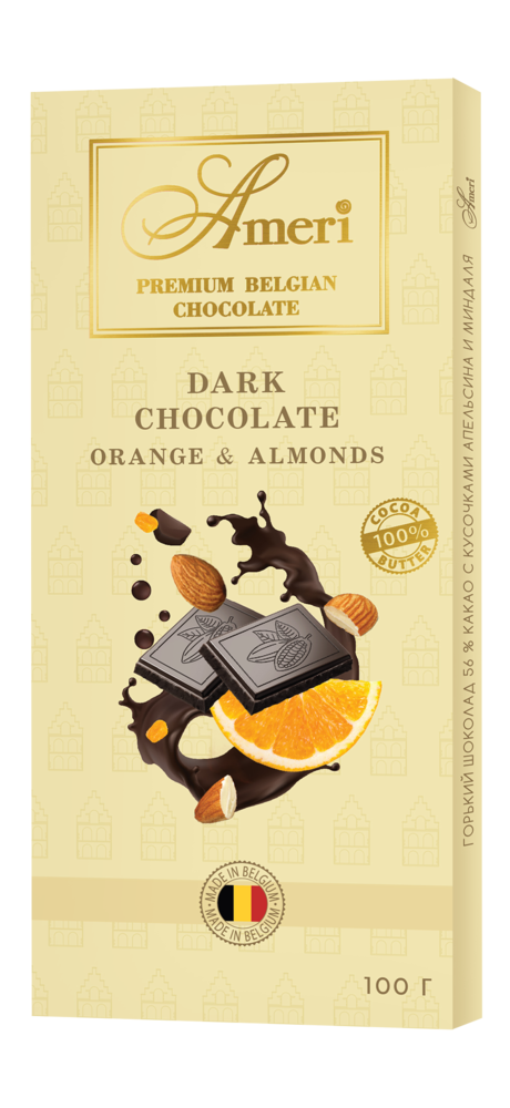 Фото №2 AMERI Горький шоколад 56 % с кусочками апельсина и миндаля, плитка 100гр