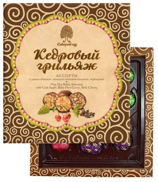 Фото №3 СИБИРСКИЙ КЕДР Конфеты Грильяж кедровый ассорти яблоко,шишка,черёмуха в шокол.глазури 120 г коробка