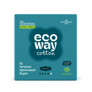 фото ECOWAY Ночные ультратонкие прокладки с крылышками cotton 4 капли 10 шт.